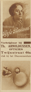 717295 Fotoadvertentie van Th. Arnoldussen, Opticien, Twijnstraat 46a - vlak bij het Diaconessenhuis - te Utrecht.